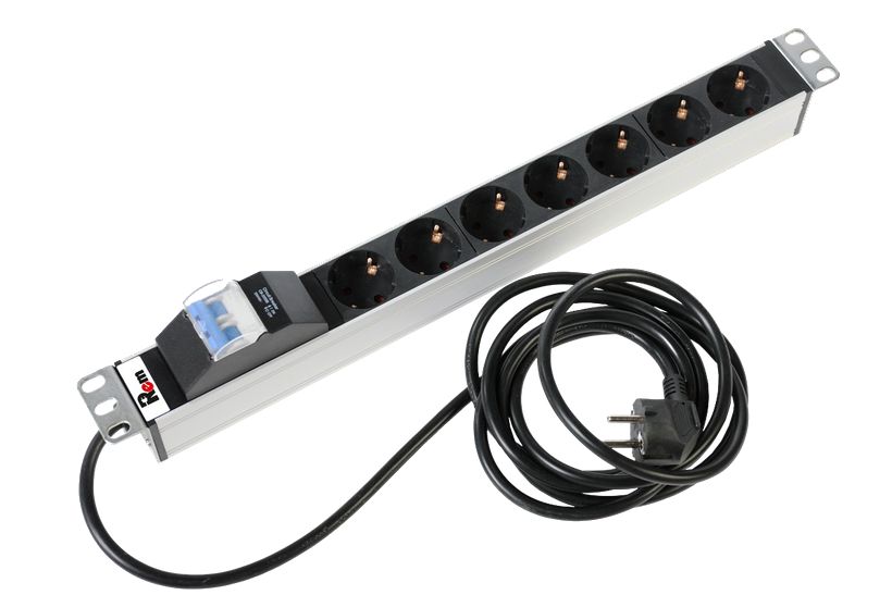 Rem-16, 7 × Schuko, автомат 16 А, 19″ 1U, шнур 3 м (R-16-7S-A-440-3)